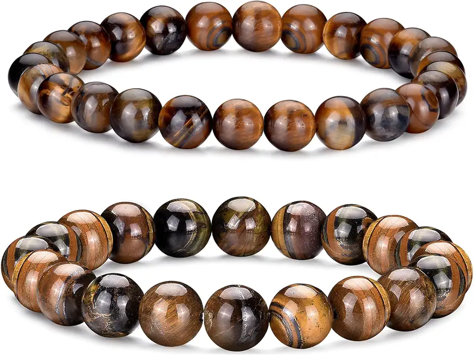 RANKEEF Mens Bead Bracelet Set - Adjustable Elastic Rope With 6&8MM Natural Stone Multi-Colored Beads - Tiger Eye Bracelets for Men - Gift