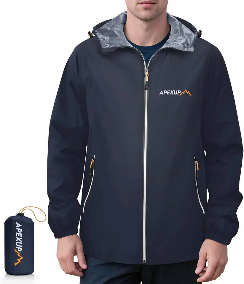 Packable Rain Jacket Men with Reflective Zipper, Lightweight Waterproof Raincoat, Mens Rain Jacket for Outdoor Sports