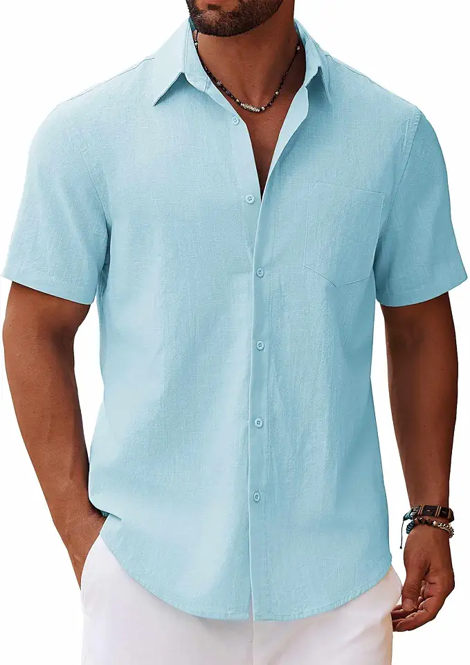 Global Recycled Standard COOFANDY Men's Button Down Short Sleeve Shirt Casual Cotton Summer Beach Linen Wedding Shirts with Pocket