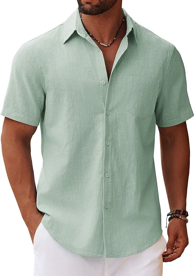 Global Recycled Standard COOFANDY Men's Button Down Short Sleeve Shirt Casual Cotton Summer Beach Linen Wedding Shirts with Pocket