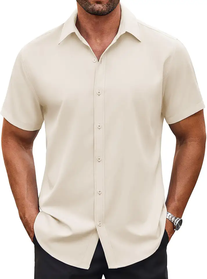 Global Recycled Standard COOFANDY Men's Button Down Shirt Short Sleeve Dress Shirt Casual Beach Summer Wedding Shirt