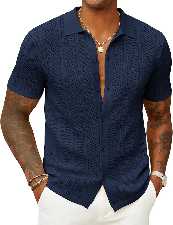Global Recycled Standard COOFANDY Mens Knit Button Down Shirts Casual Textured Polo Shirt Short Sleeve Vintage Summer Beach Tops