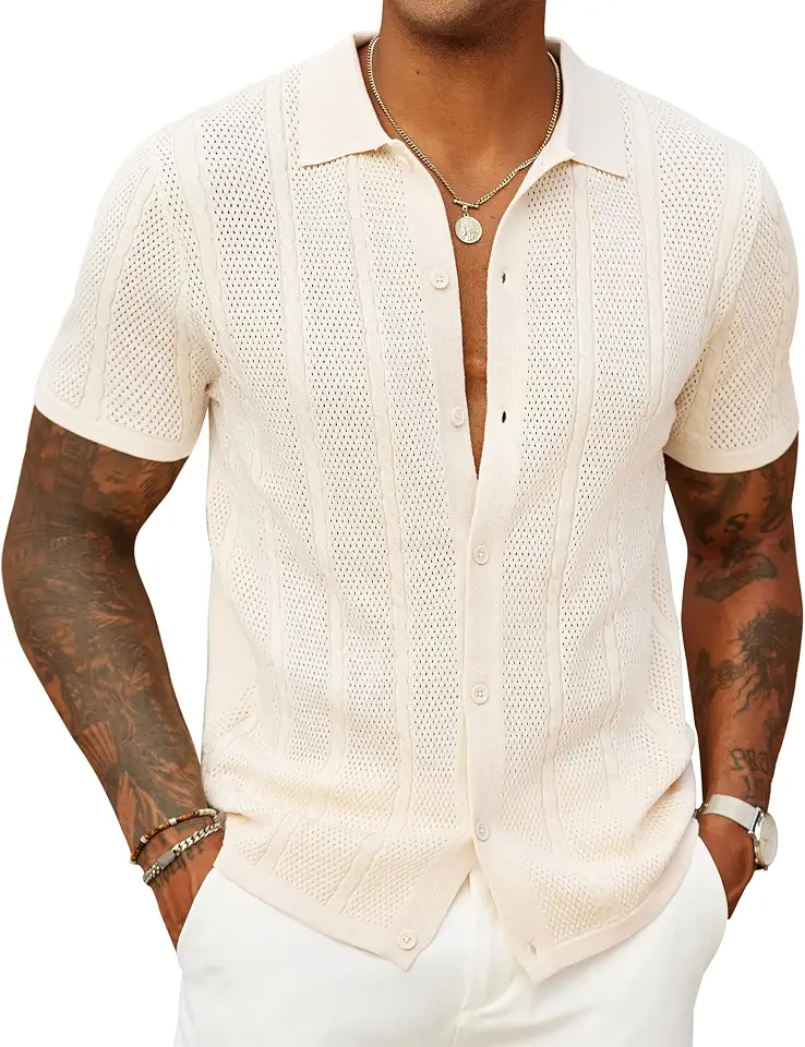Global Recycled Standard COOFANDY Mens Knit Button Down Shirts Casual Textured Polo Shirt Short Sleeve Vintage Summer Beach Tops