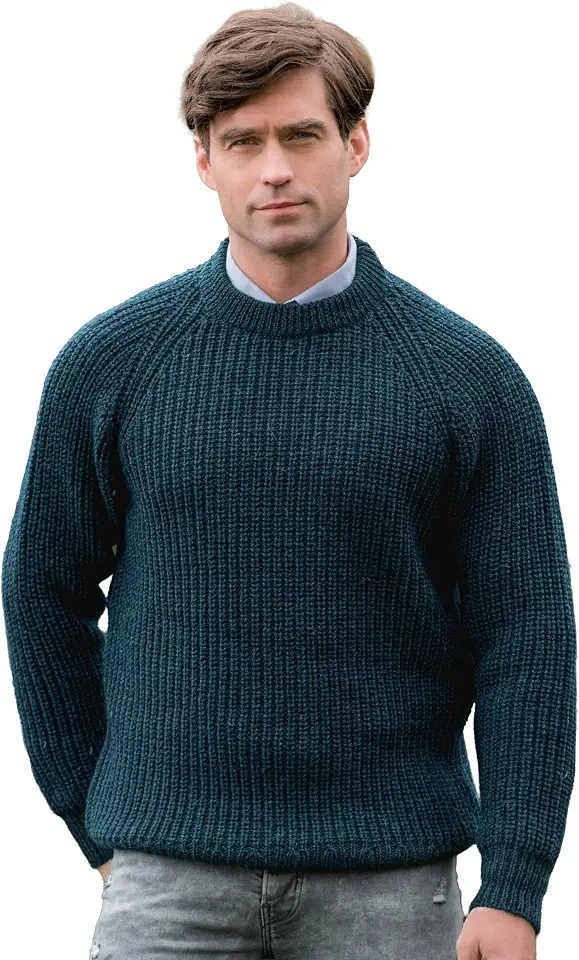 Aran Crafts Irish Men's Fisherman Rib Stitch Wool Sweater (C761)