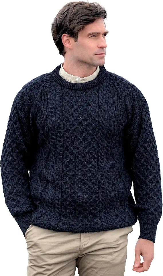 Aran Crafts Irish Unisex Cable Knit Crew Neck Wool Sweater (C1347)