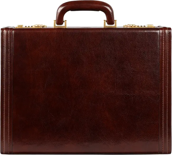 Time Resistance Leather Attache Case - Full Grain Italian Leather Briefcase - Laptop Bag up to 15” - Hard Case with Lock