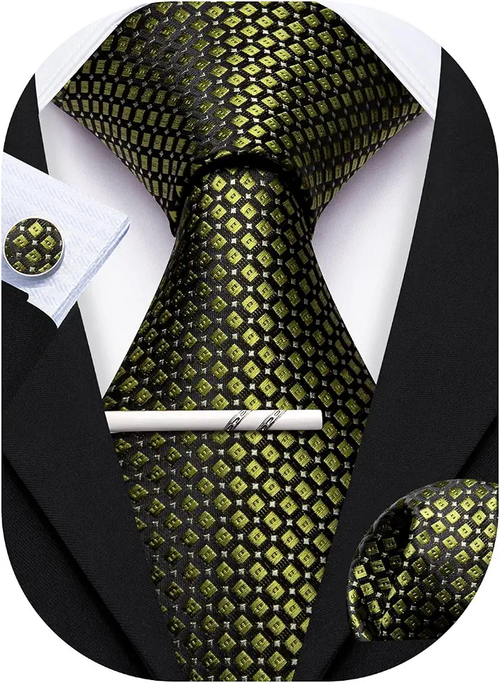 YOHOWA Men Plaid/Striped Ties Clip Set Silk Necktie Pocket Square Cufflinks