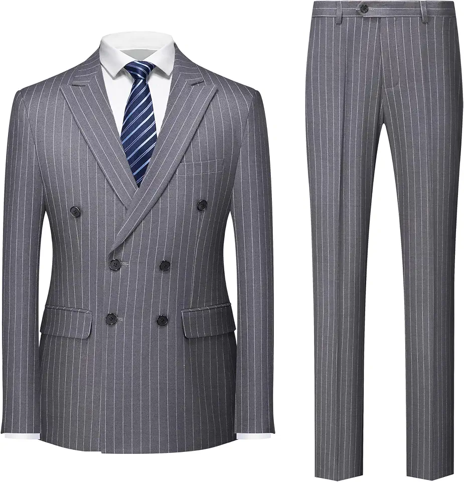 Mens Pinstripe Suit, Double Breasted Slim Fit 2 Piece Tuxedo
