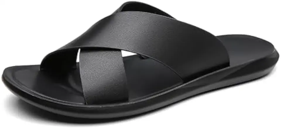 Men's Black Leather Crisscross Slide Sandals