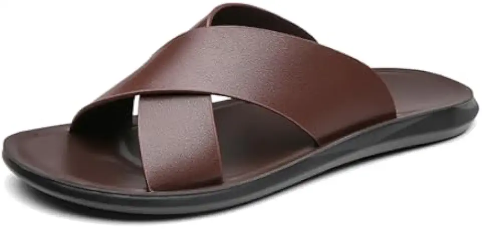 Men's Leather Slip On Slides Sandals Comfortable Lightweight Open Toe Anti-slip Flat Summer Casual Slippers Indoor Outdoor Walking Beach Sandals