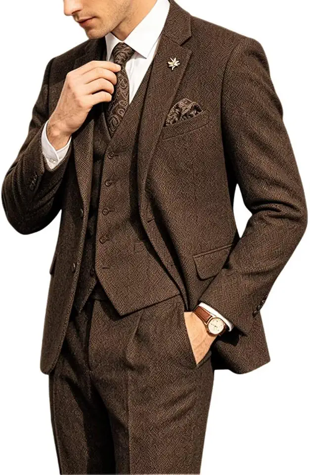 Retro 3 Piece Suit Tweed Herringbone Men's Suits Jacket Blazer Vest Pants