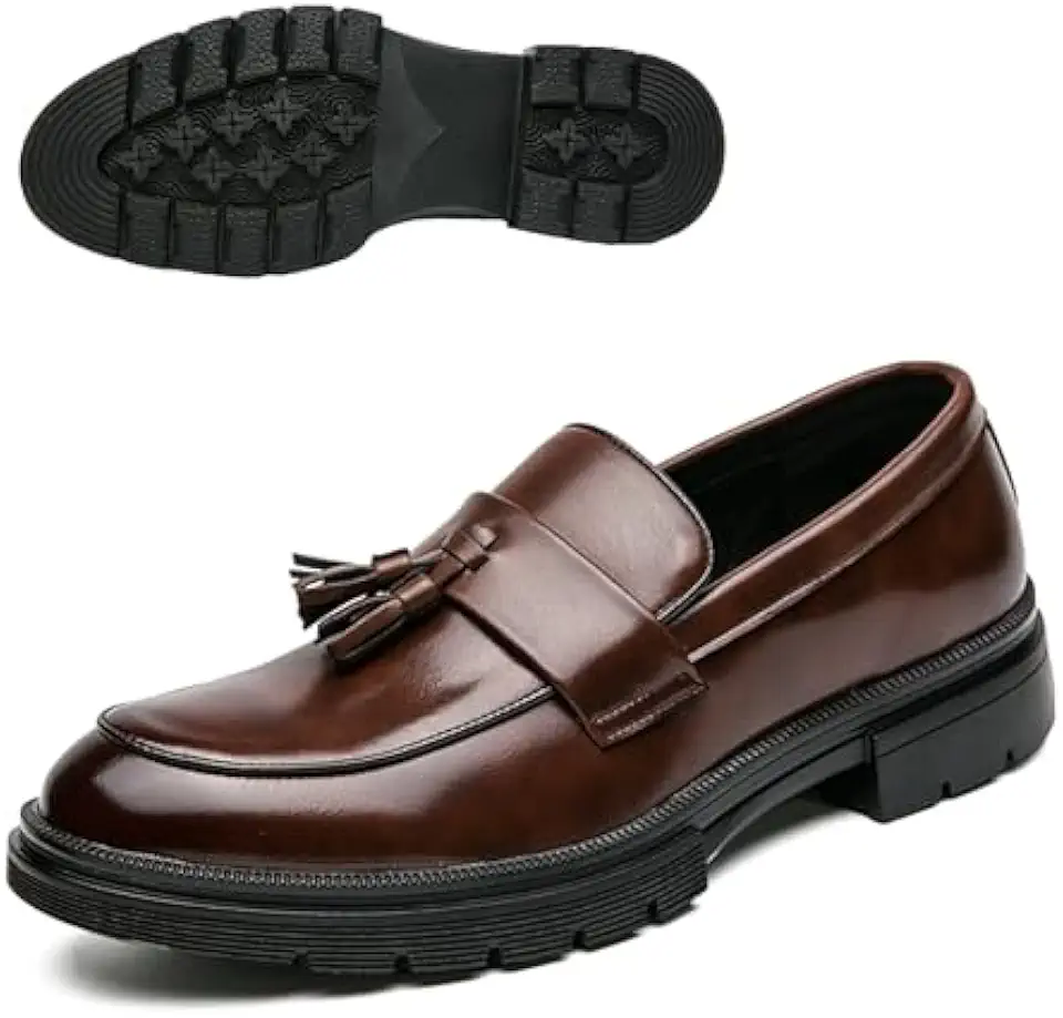 Men's Fashion Tassel Platform Loafers Comfortable Wide Round Toe Slip on Lug Sole Low Block Heel Business Dress Shoes Non-Slip Work Office Casual Shoes