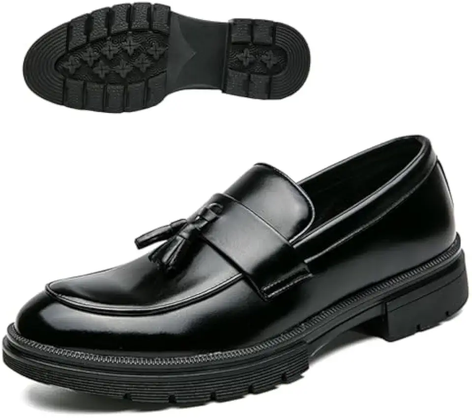 Men's Fashion Tassel Platform Loafers Comfortable Wide Round Toe Slip on Lug Sole Low Block Heel Business Dress Shoes Non-Slip Work Office Casual Shoes