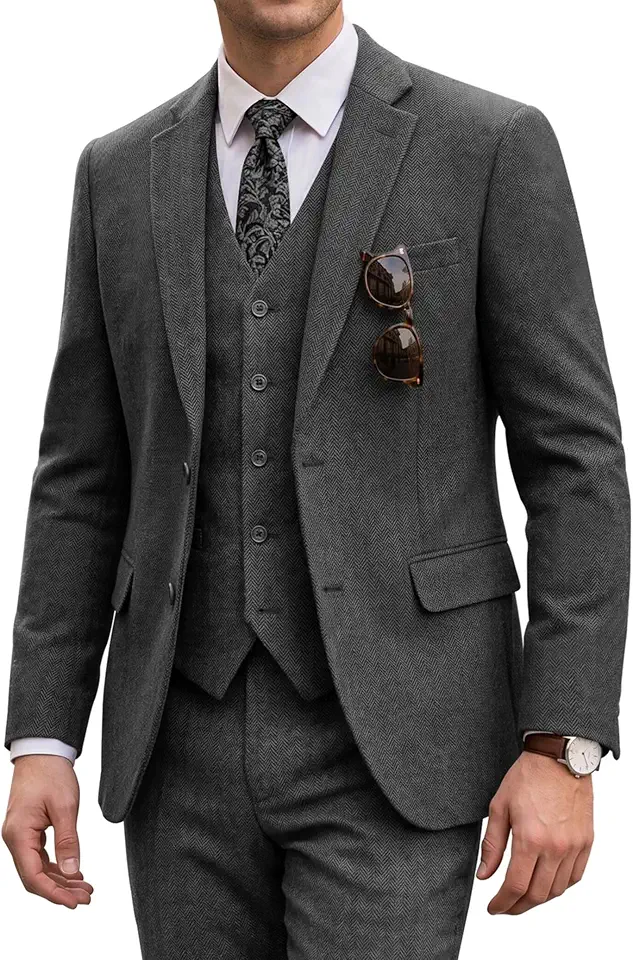 Tweed Men's Suit 3 Pieces Slim Fit Wedding Suit Grooms Prom Brown Herringbone Suits for Men Tuxedos Suit Set
