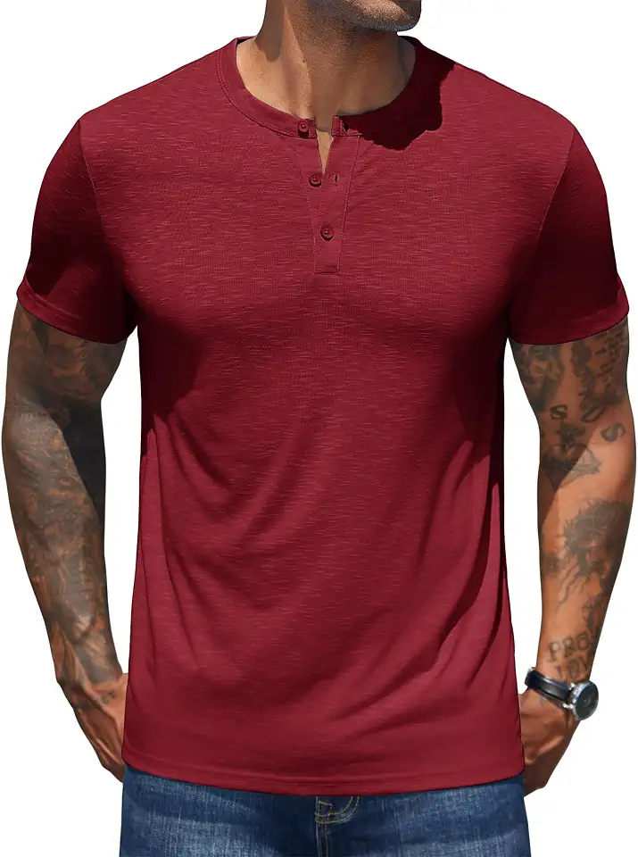 Global Recycled Standard COOFANDY Men's Henley Shirts Short Sleeve Casual Basic Henley Tee Summer Button Lightweight Stretch T Shirts
