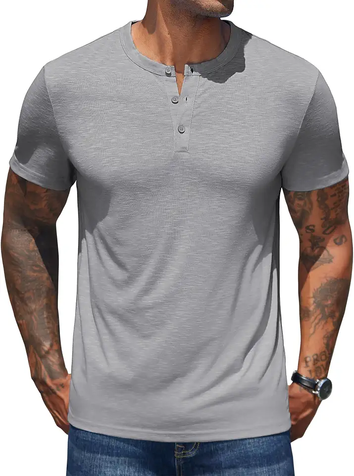 Global Recycled Standard COOFANDY Men's Henley Shirts Short Sleeve Casual Basic Henley Tee Summer Button Lightweight Stretch T Shirts
