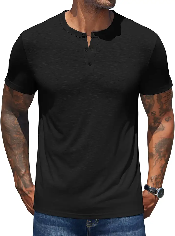 Global Recycled Standard COOFANDY Men's Henley Shirts Short Sleeve Casual Basic Henley Tee Summer Button Lightweight Stretch T Shirts