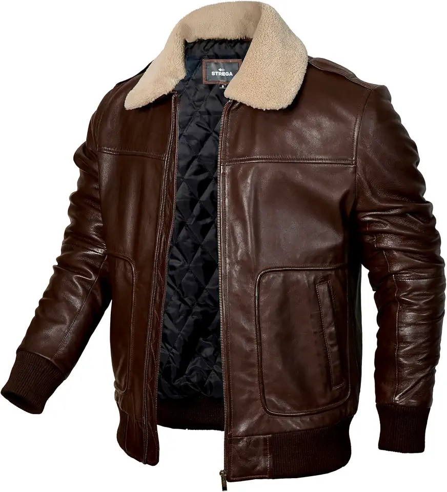 STREGA Men's Leather Bomber Aviator Jacket – Top Grain New Zealand Lambskin Leather with Diamond Quilted Lining