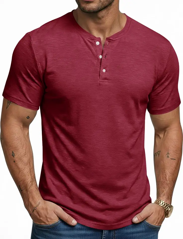 Runcati Mens Henley Shirt Short Sleeve Slim Fit Stretch Gym Tops