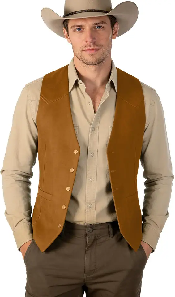 Bakerbear Retro Casual Men's Cowboy Vest Western Suede Leather Waistcoat
