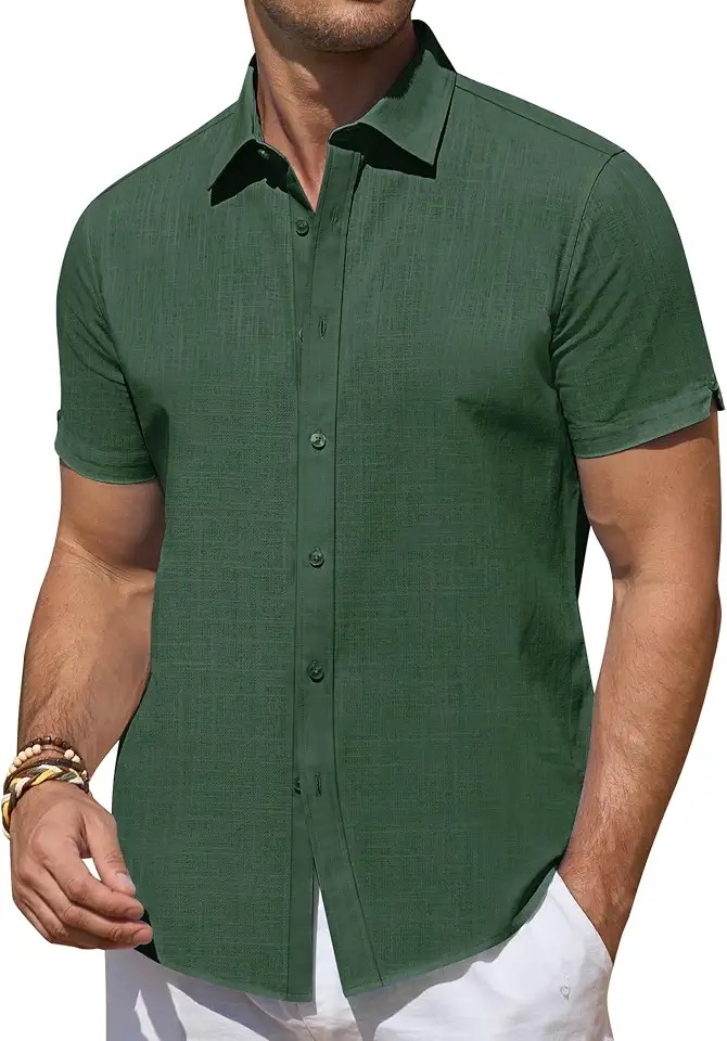 Global Recycled Standard Linen Shirts for Men Short Sleeve Button Down Shirts Summer Beach Casual