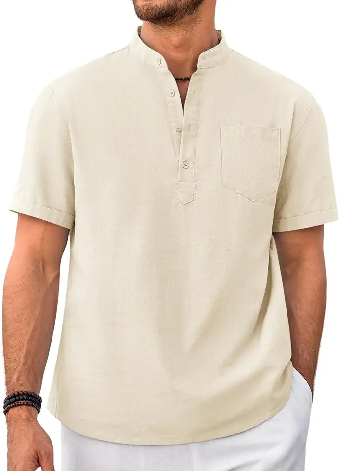 Beotyshow Men 100% Cotton Linen Henley Shirt
