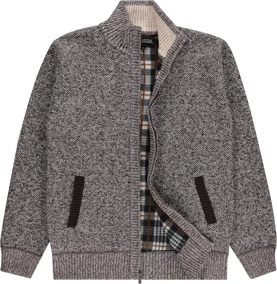 Men's Shawl Collar Cable Knit Cardigan Sweater, Full Zip Sherpa Lined, with Pockets