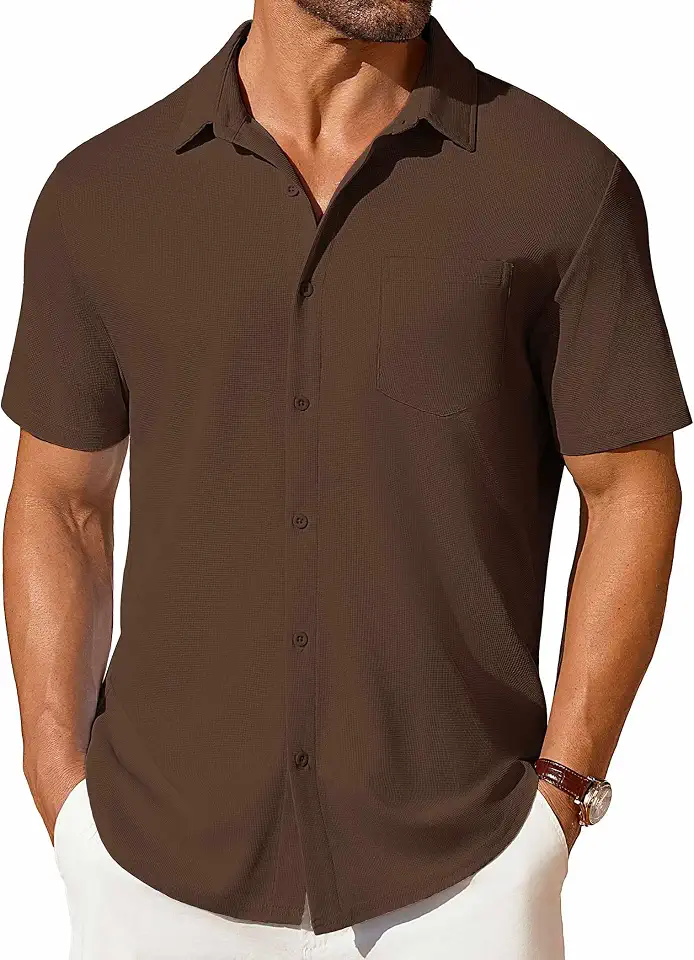 Global Recycled Standard COOFANDY Men's Short Sleeve Button Down Shirt Casual Summer Beach Shirts Waffle Knit Shirt Wrinkle Free Untucked Shirt