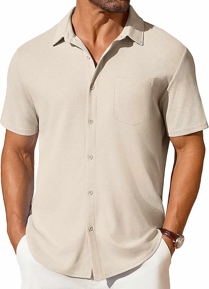 Global Recycled Standard COOFANDY Men's Short Sleeve Button Down Shirt Casual Summer Beach Shirts Waffle Knit Shirt Wrinkle Free Untucked Shirt