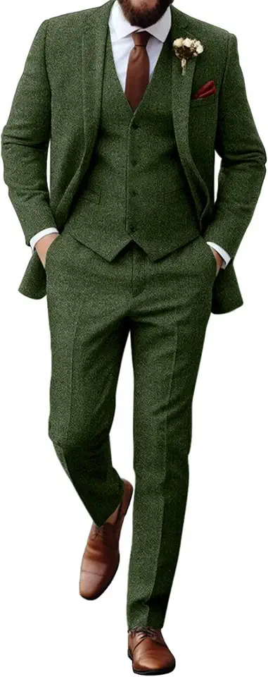 Retro Tweed Herringbone Suit for Men Slim Fit 3 Piece Mens Suit Wedding Groom Dress Tuxedo Prom Suit Jacket Vest Pants