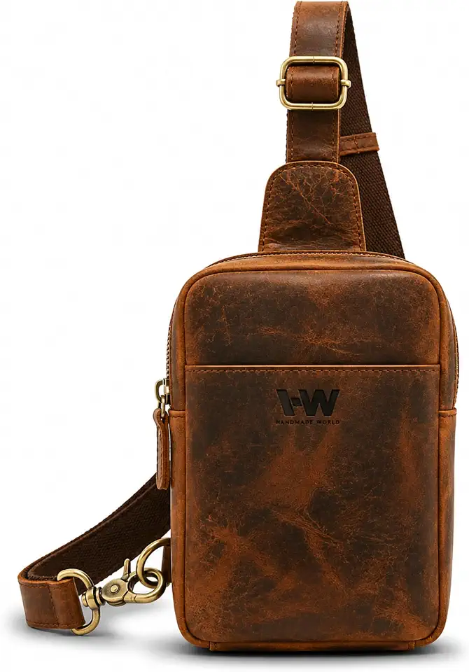 Handmade World Leather Sling Bag for Men – Anti-Theft Travel Crossbody, Compact EDC Chest Bag, Fits Passport & Phone, Full Grain Leather