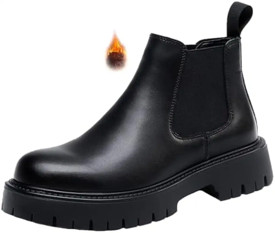 Men's Genuine Leather Slip On Chunky Platform Chelsea Boots Luxury Round Toe lug sole Work Dress boots Casual Non Slip Ankle Boots