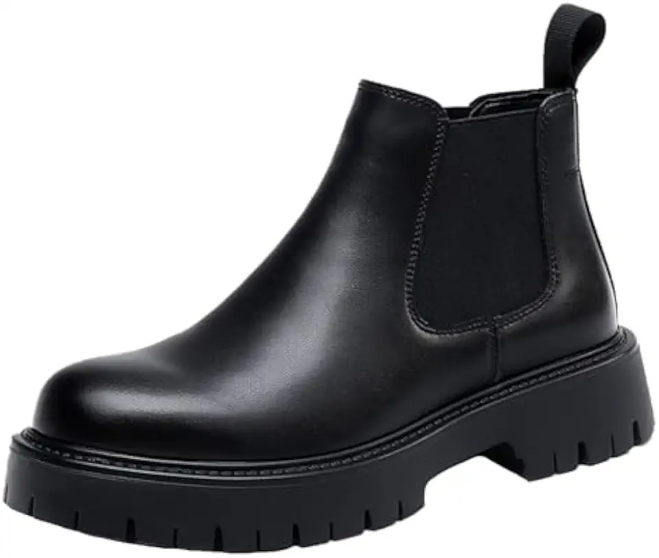 Men's Genuine Leather Slip On Chunky Platform Chelsea Boots Luxury Round Toe lug sole Work Dress boots Casual Non Slip Ankle Boots