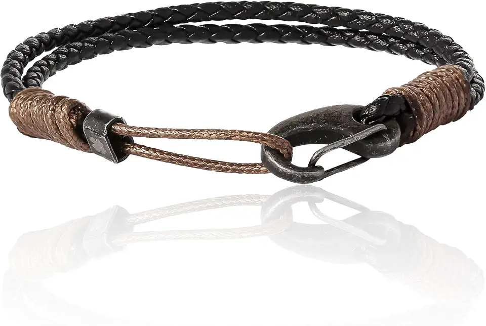 Lucky Brand Mens Bracelet, Brown Rope & Black Leather, Carabiner Clip, 8"