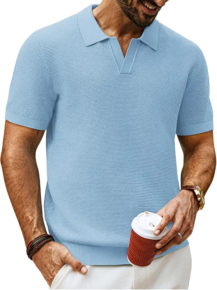 PJ PAUL JONES Mens Polo Shirts Short Sleeve Textured Knit V Neck Shirt Casual Golf Shirts Stylish Old Money Tops