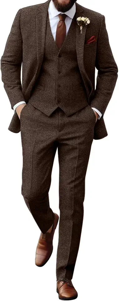 Global Recycled Standard Men's 3 Piece Herringbone Tweed Suit, Slim Fit Vintage Groom Wedding Prom
