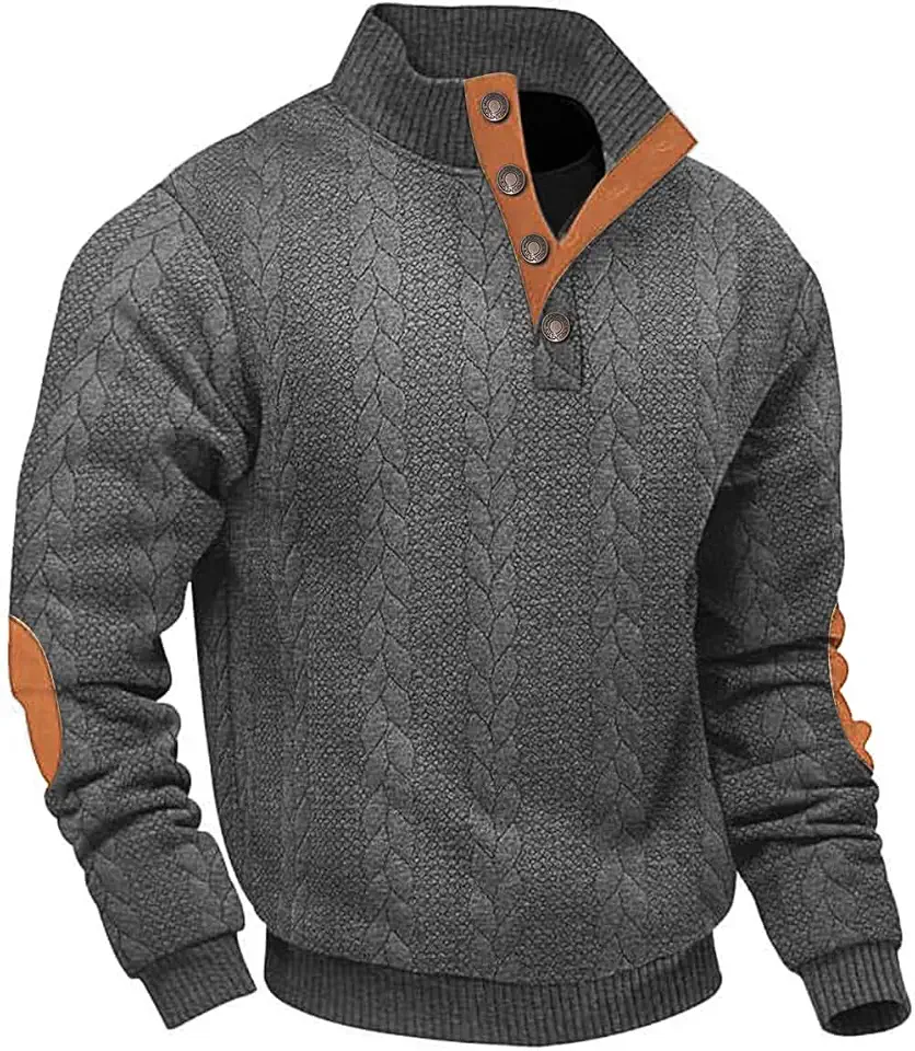 Men's Cable Knit Pullover Sweater Casual Long Sleeve Stand Collar Quarter Button Knitted Sweatshirts Quilted Sweatshirt