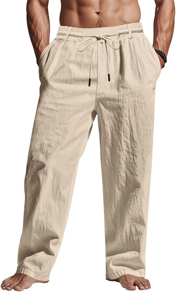Men's Linen Pants Lightweight Drawstring Elastic Waist Pockets Loose Fit Straight Legs Summer Beach Yoga