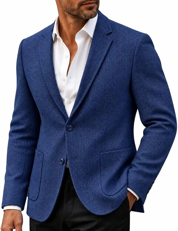 Men Herringbone Tweed Blazer Vintage Wool Blend Sport Coat for Men