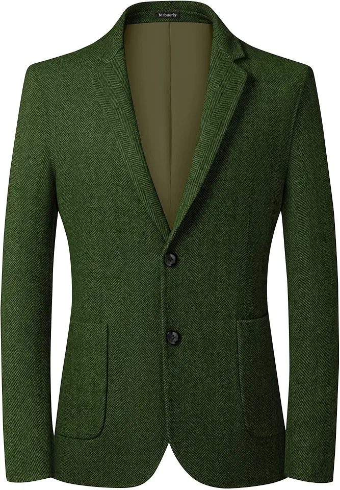 Mens Herringbone Tweed Blazer Vintage Wool Blend Sport Coat Jacket 2 Button Casual Wedding Groomsmen Prom Suit