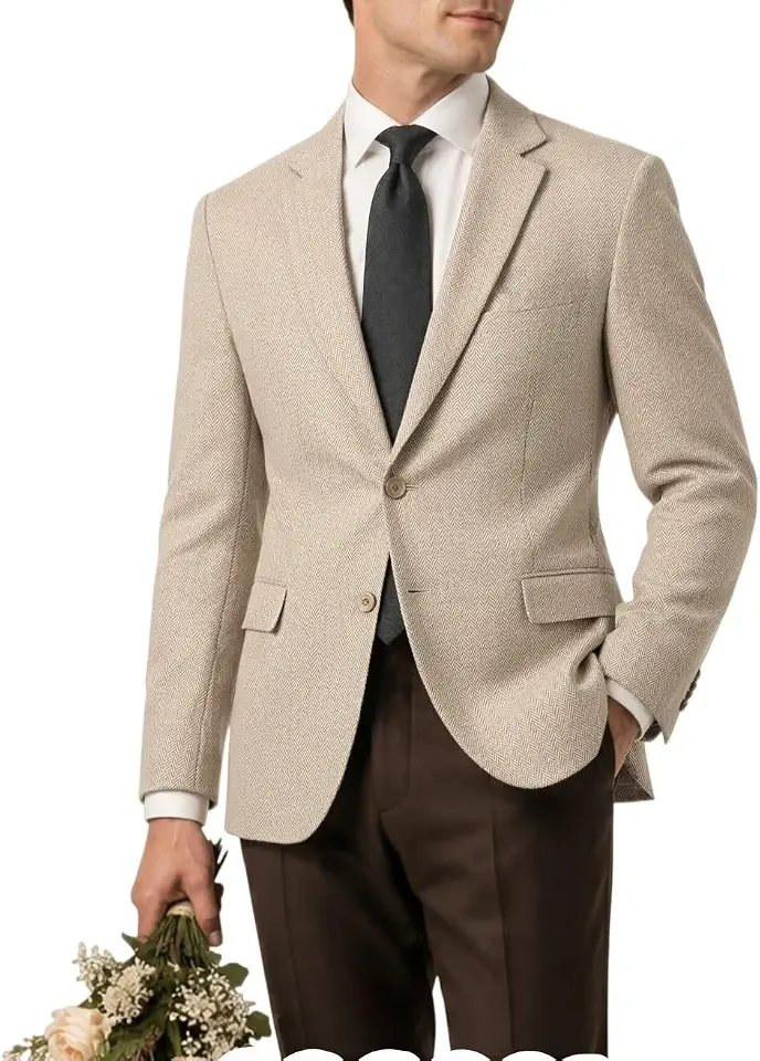 Global Recycled Standard Retro Tweed Blazer Mens Suit Jackets Herringbone Slim Fit Tux Sport Coats