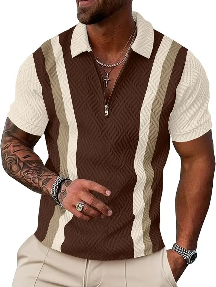 UOUA Men's 1/4 Zip Polo Shirts Summer Short Sleeve Sweatshirts Vintage Striped Texture Tops Casual Golf Tee