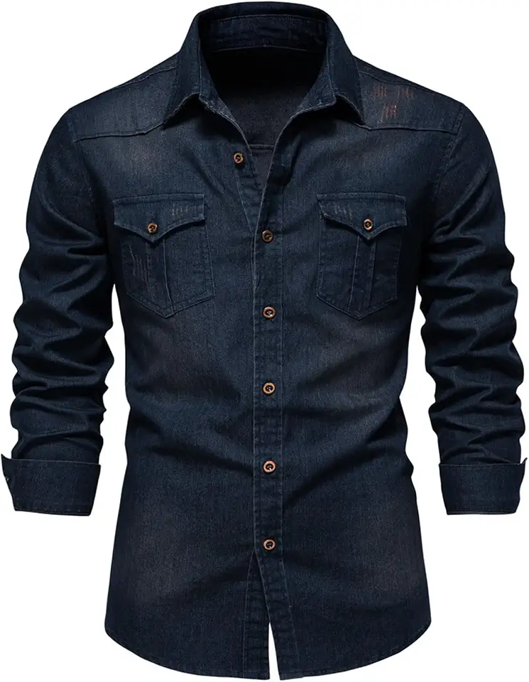 Global Recycled Standard Kissonic Mens Denim Shirts Long Sleeve Slim Fit Jean Shirt for Men