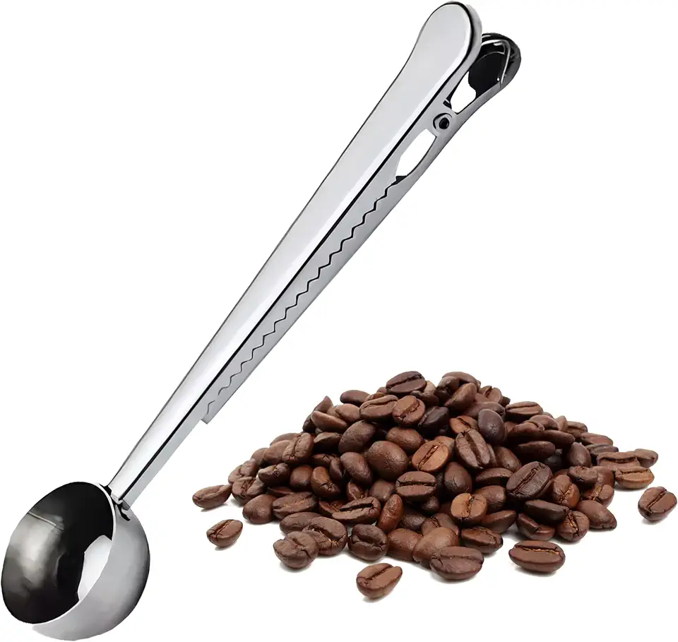 Coffee Bean Measuring Spoon with Bag Clip | Stainless Steel Coffee Scoop with Built-in Bag Sealer | Coffee Spoons | Bar Spoon (Silver)
