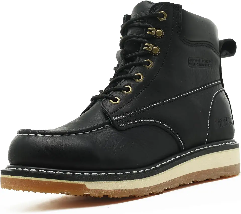 Moc Toe Work Boots for Men Waterproof Soft/Steel Toe Comfortable Full Grain Leather Non Slip Wedge Outsole Construction 6" Workboots