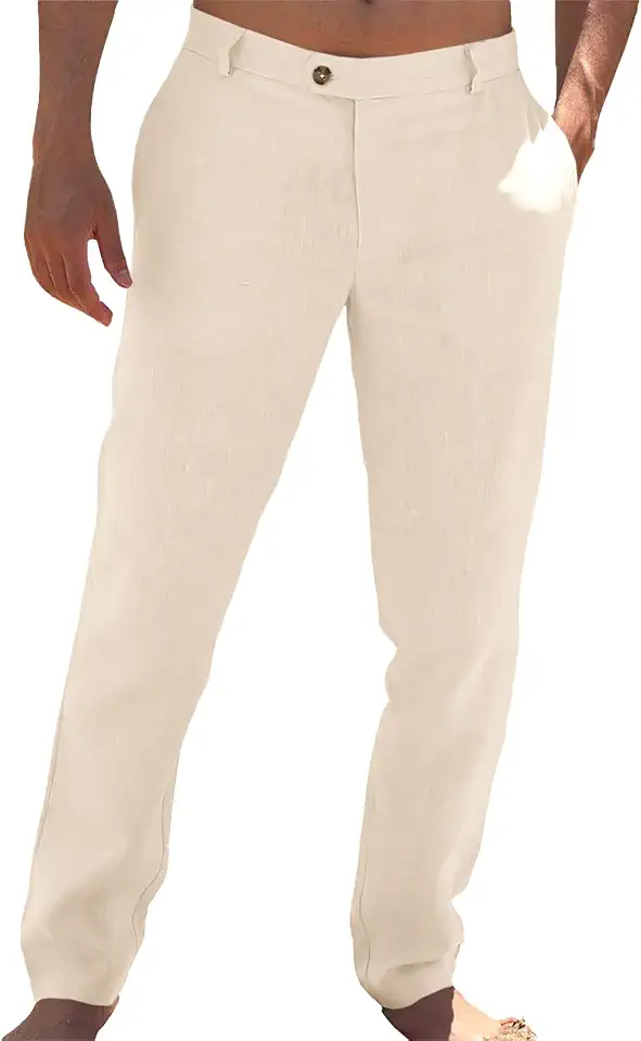 Runcati Mens Casual Pants Elastic Waist Linen Dress Lightweight Straight-Legs Loose Fit Summer Beach Yoga Trousers
