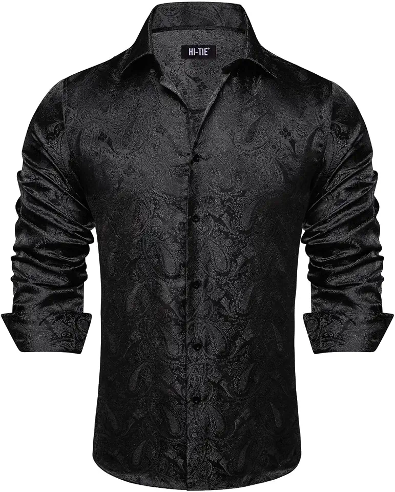 Hi-Tie Mens Paisley Long Sleeve Dress Shirt Silk Button Up Shirt