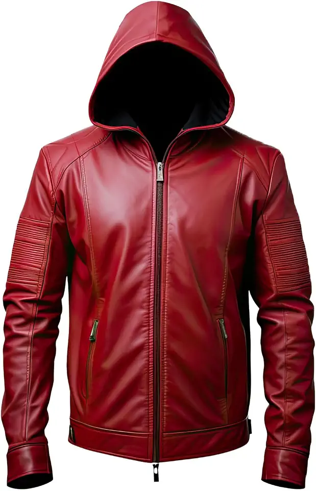 Men’s Red Genuine Sheepskin leather Jacket Hooded Casual Winter Warm Zip-Up Lightweight Real Leather Jacket
