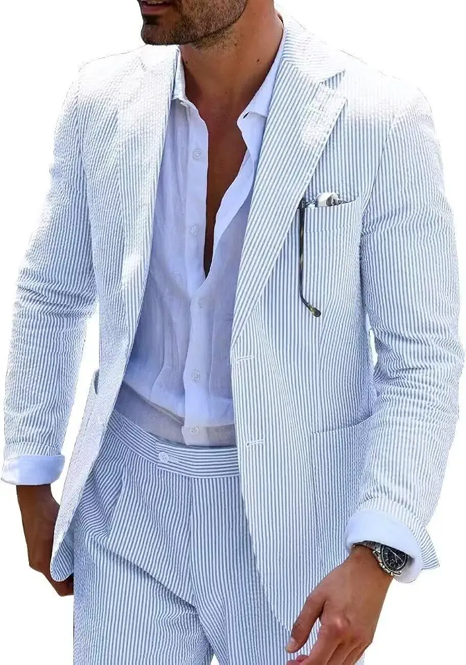 Global Recycled Standard Wehilion Mens Slim Fit Seersucker Suit,Summer Wedding Formal 2-Piece Suit