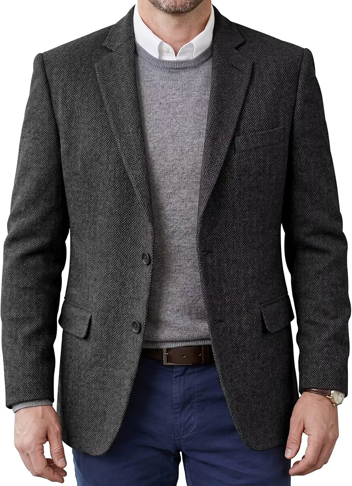 Men's Tweed Blazer Jacket 2 Button Lightweight Herringbone Casual Sport Coat Wedding Groomsmen Prom Jackets